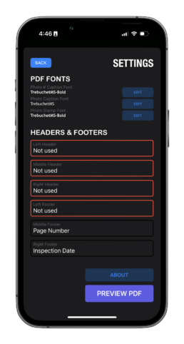 PPL: PDF Photo Log - Headers and Footers Dark Mode